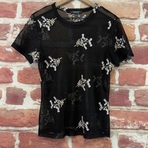 Karen Kane Top Women's XL Black Multicolor Embroidered Floral Mesh Sheer Shirt